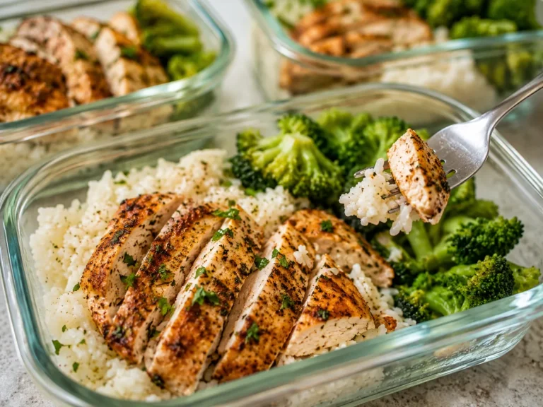 Sliced seasoned chicken with white rice and broccoli in glass meal prep containers