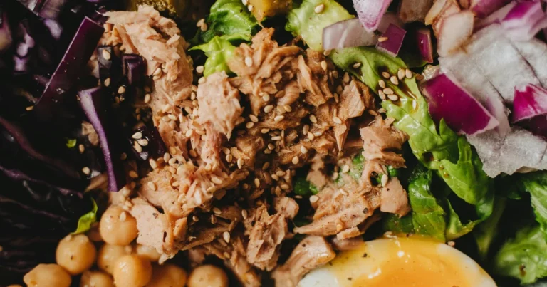 Tuna, chickpeas, eggs, and vegetables in a budget protein meal bowl