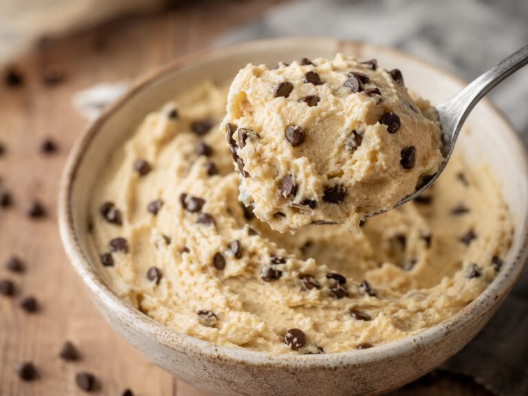 Cottage cheese cookie dough without protein powder in a bowl with mini chocolate chips